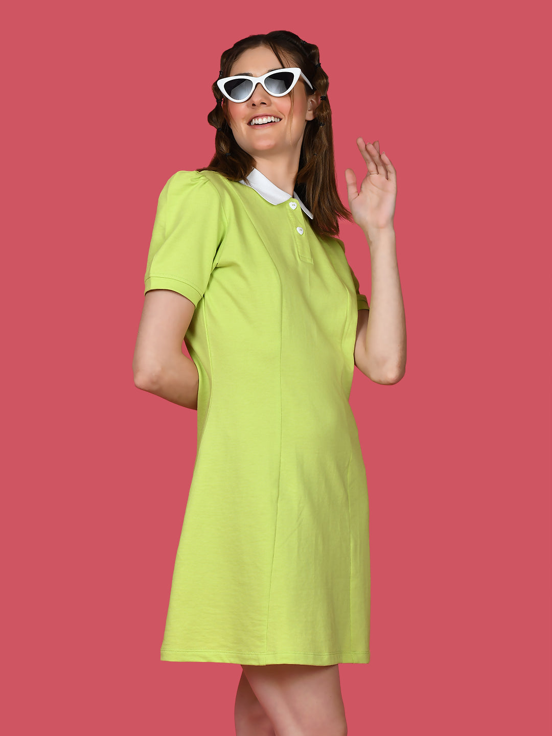 Green Solid Puff Sleeve Short Dress