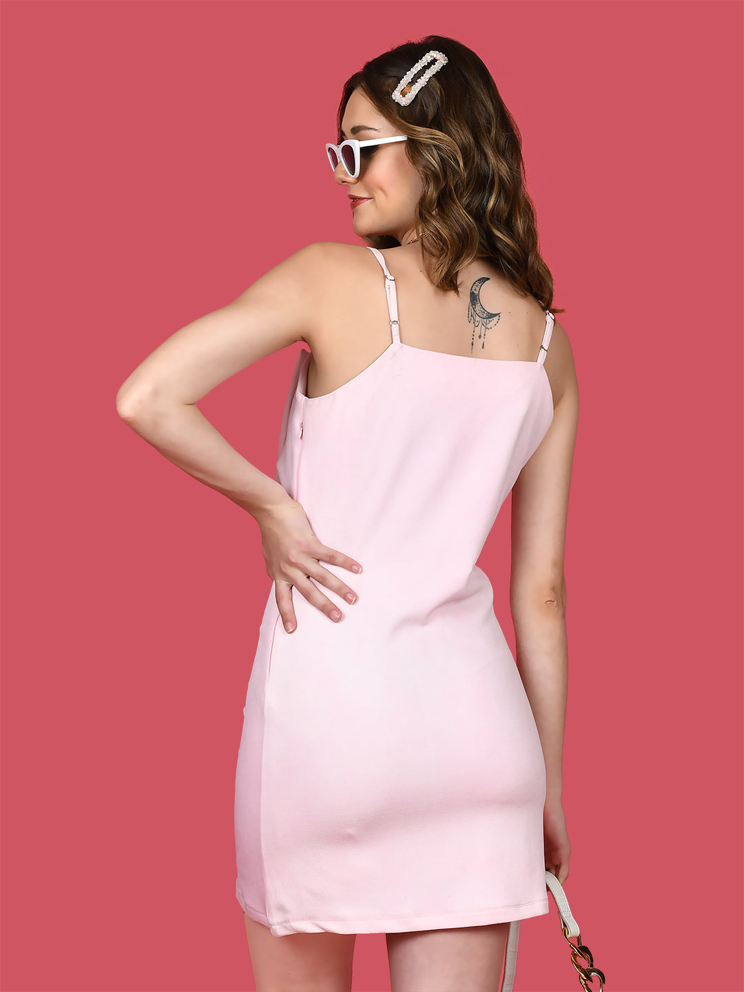 Pink Solid Strappy Short Dress For Women