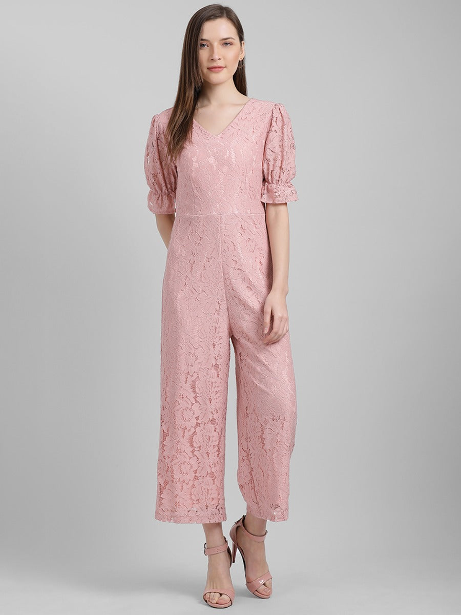 Pink Self Design Regular Jumpsuit