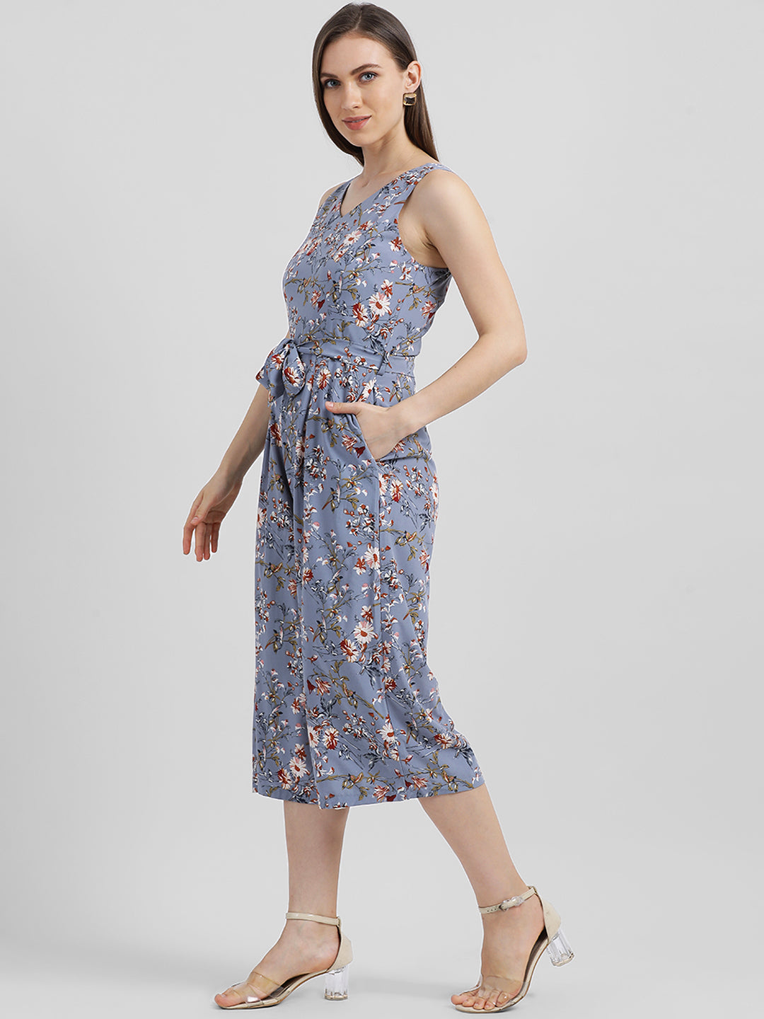 Grey Floral Printed Regular Dress
