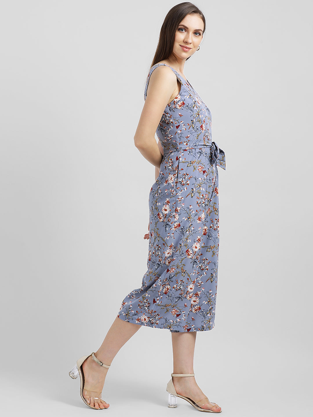 Grey Floral Printed Regular Dress