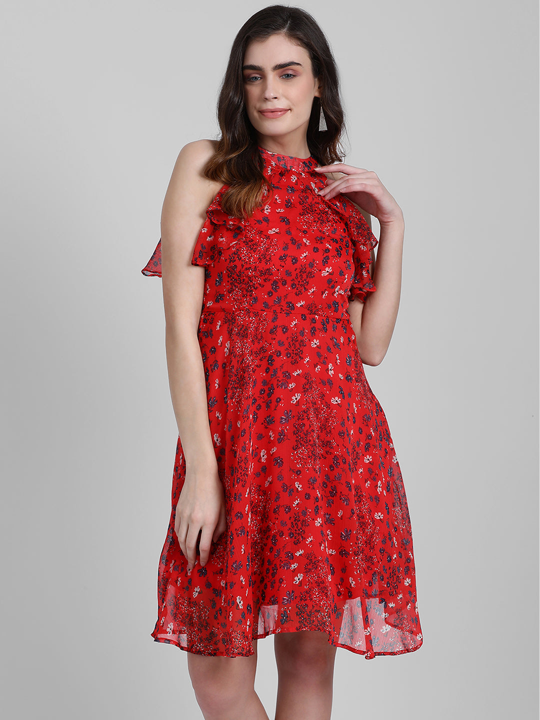 Red Floral Print A-Line Short Dress