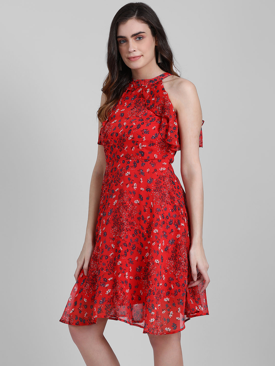 Red Floral Print A-Line Short Dress