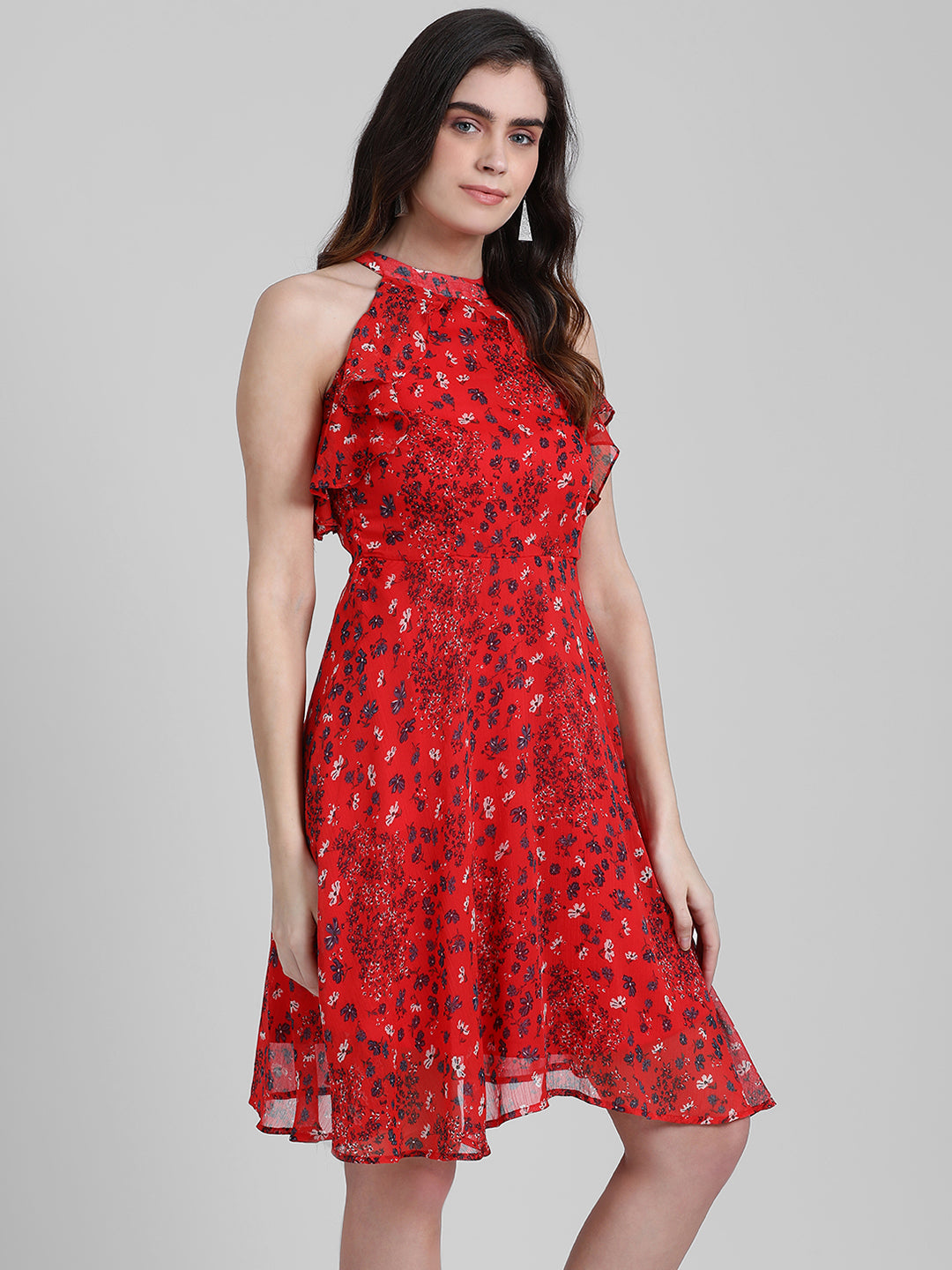 Red Floral Print A-Line Short Dress