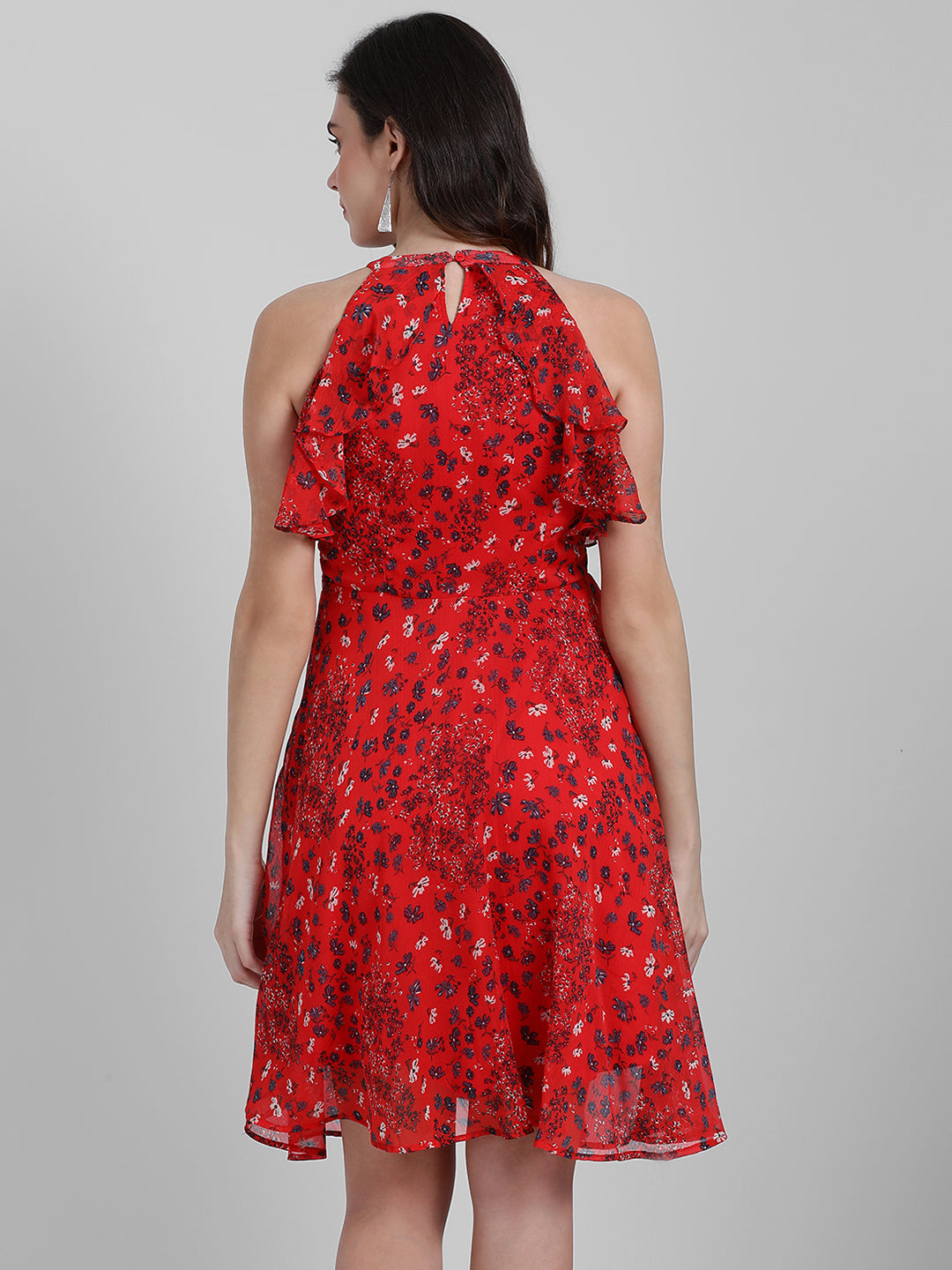 Red Floral Print A-Line Short Dress