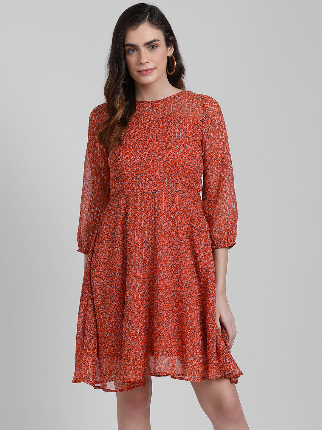 Orange Floral Print A-Line Short Dress