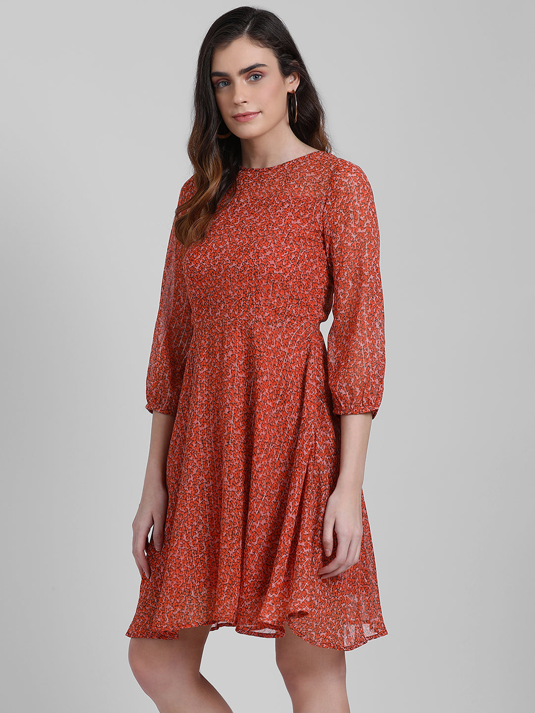 Orange Floral Print A-Line Short Dress