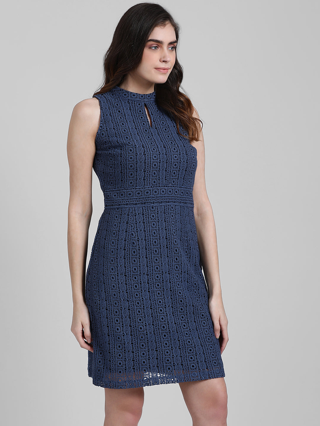 Blue Lace Straight Short Dress
