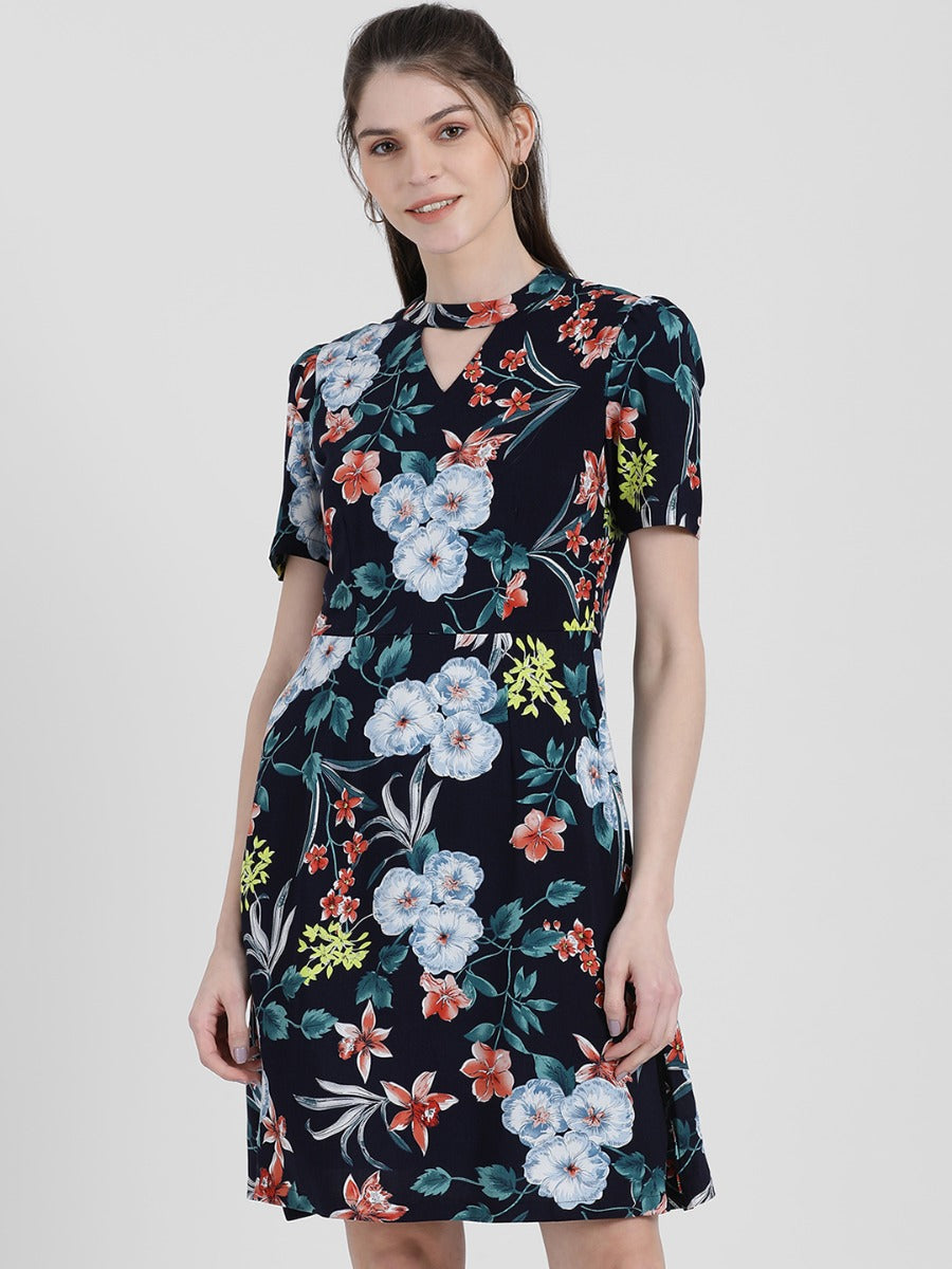 Blue Floral Printed A-Line Dress