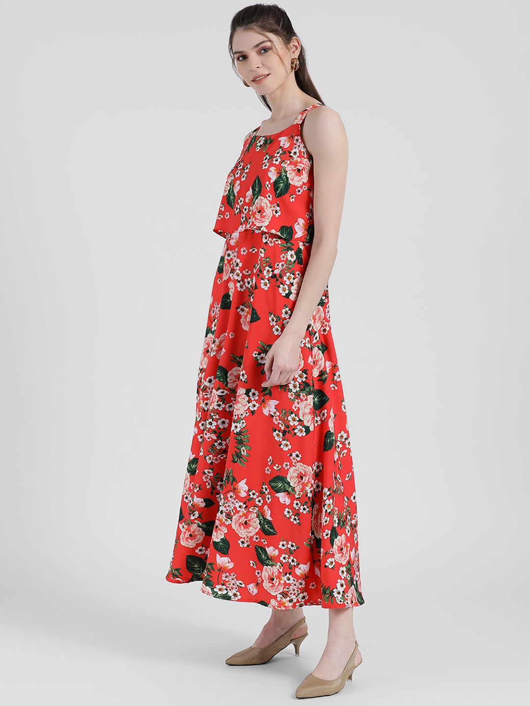 Red Floral Print Layered Maxi Dress