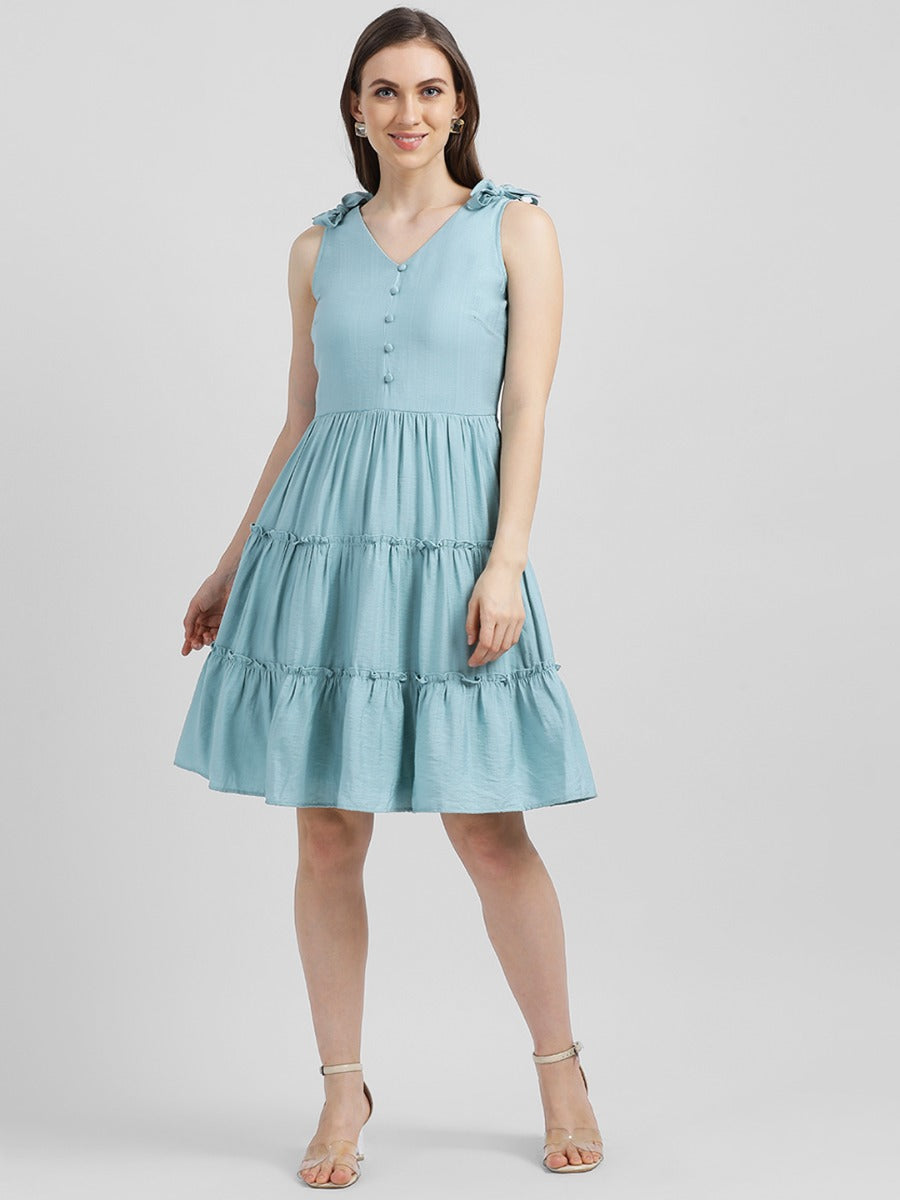 Blue Solid A-Line Dress