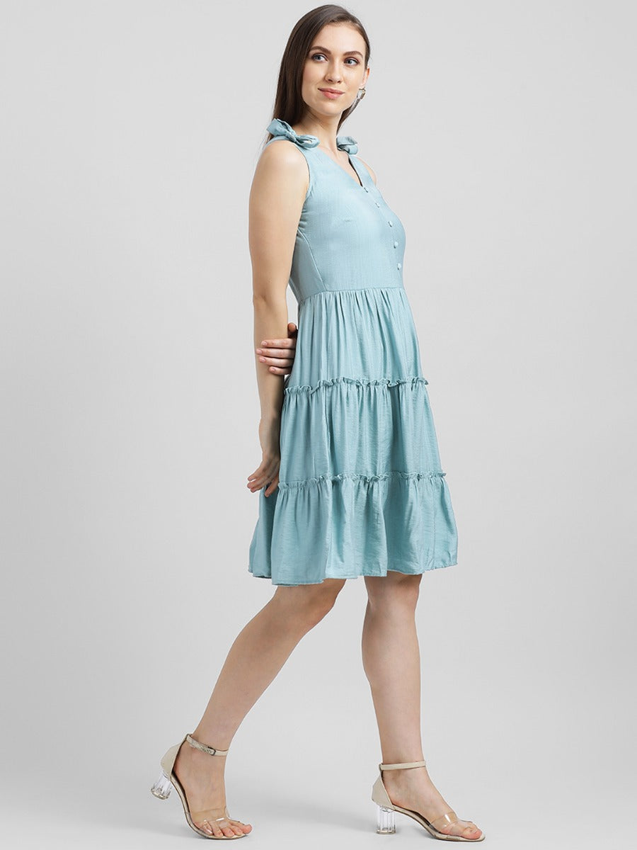 Blue Solid A-Line Dress