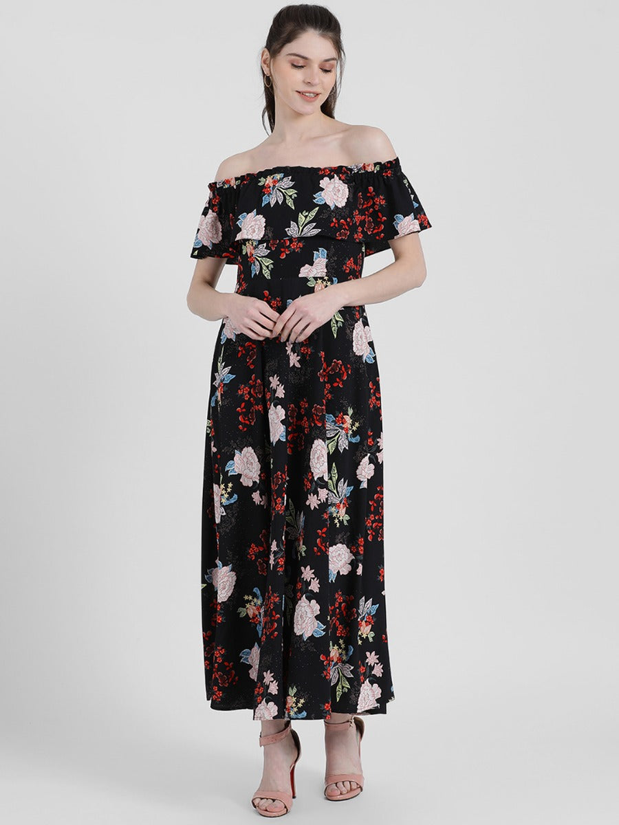 Black Floral Print Off-shoulder Maxi Dress