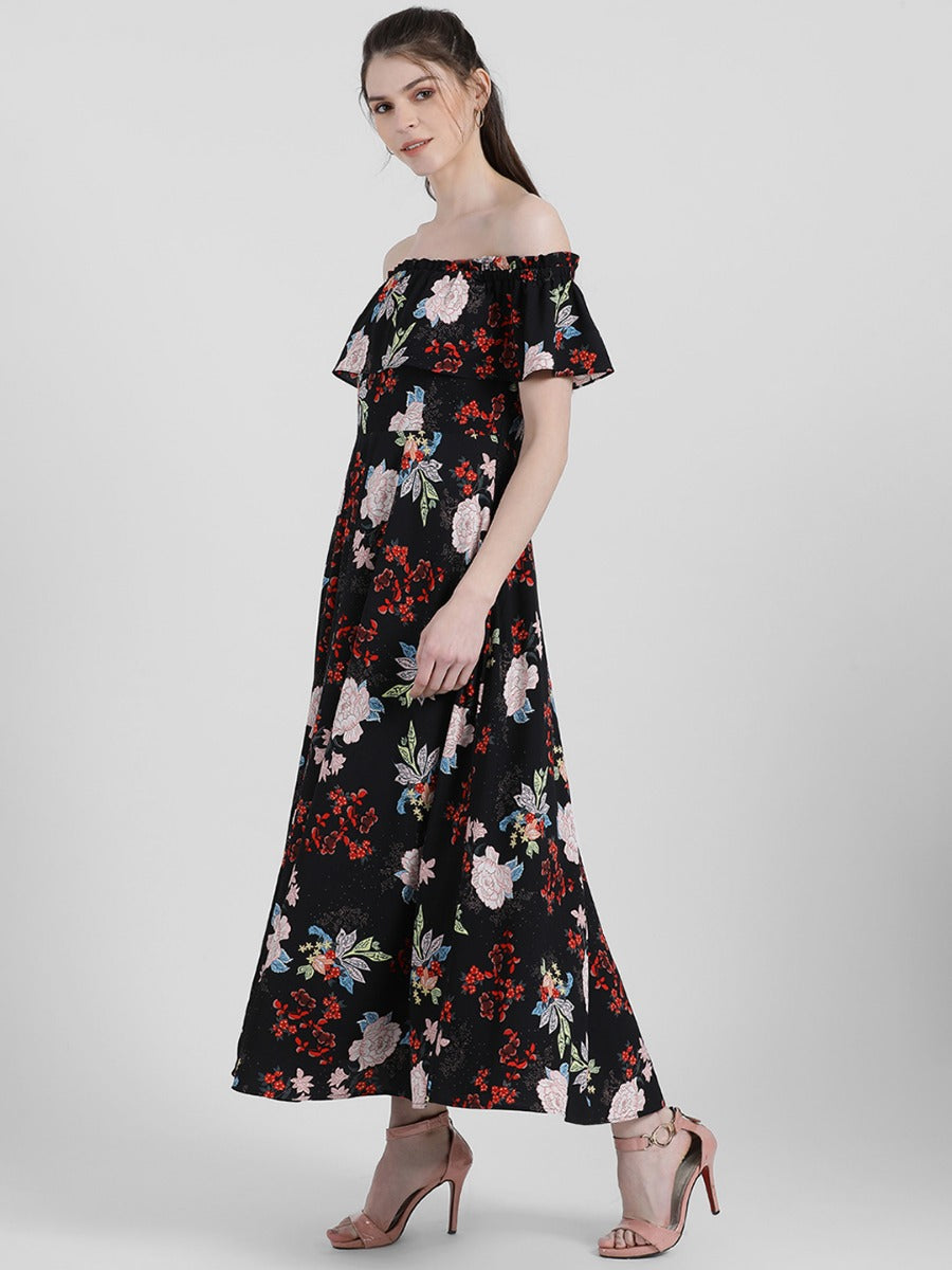 Black Floral Print Off-shoulder Maxi Dress