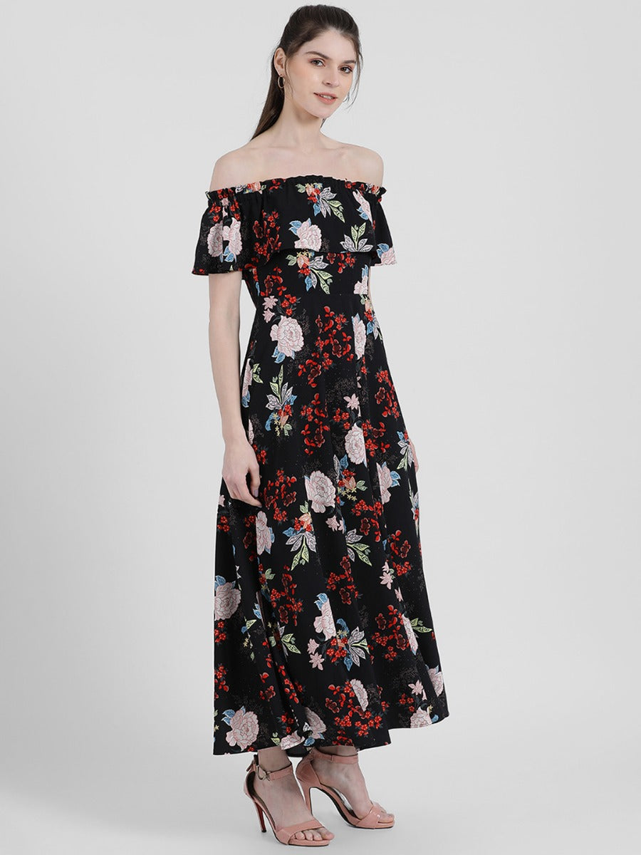 Black Floral Print Off-shoulder Maxi Dress