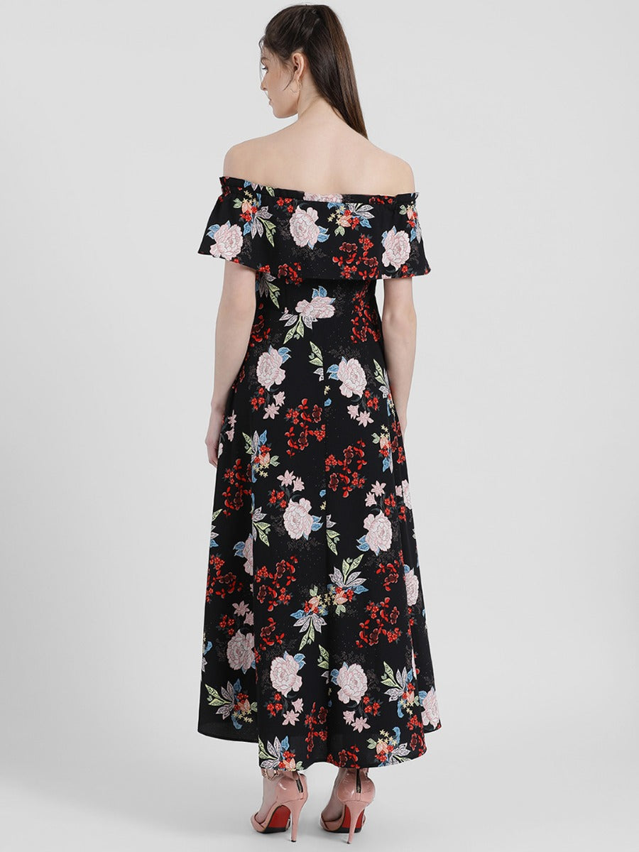 Black Floral Print Off-shoulder Maxi Dress