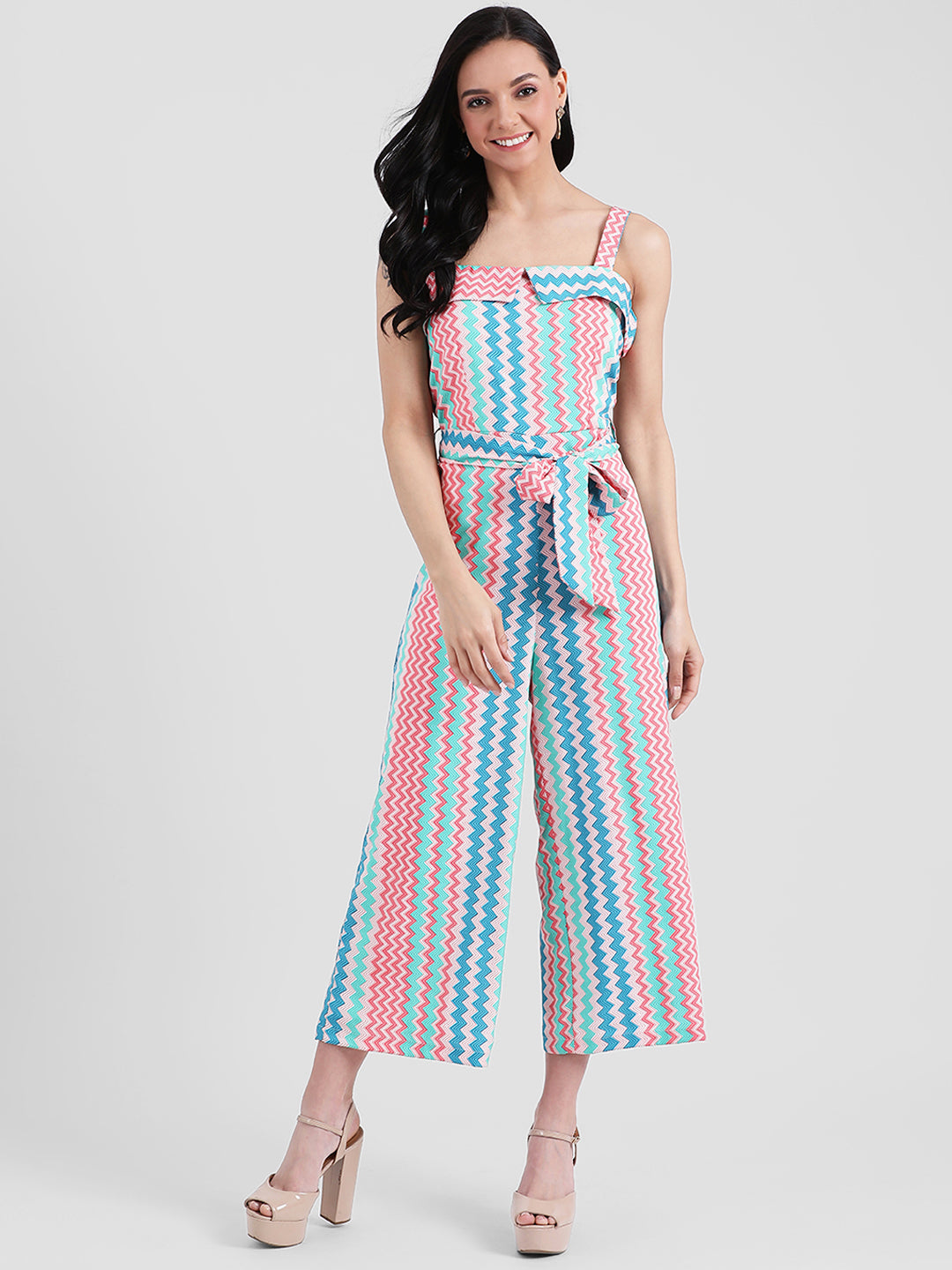 Multi Colored Geometric Print Strappy Jumpsuit