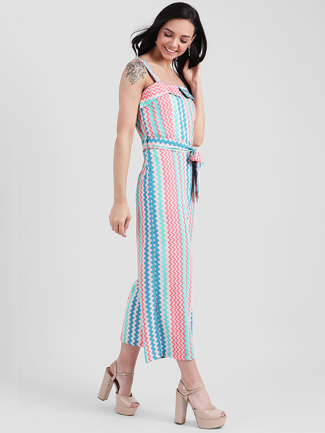 Multi Colored Geometric Print Strappy Jumpsuit