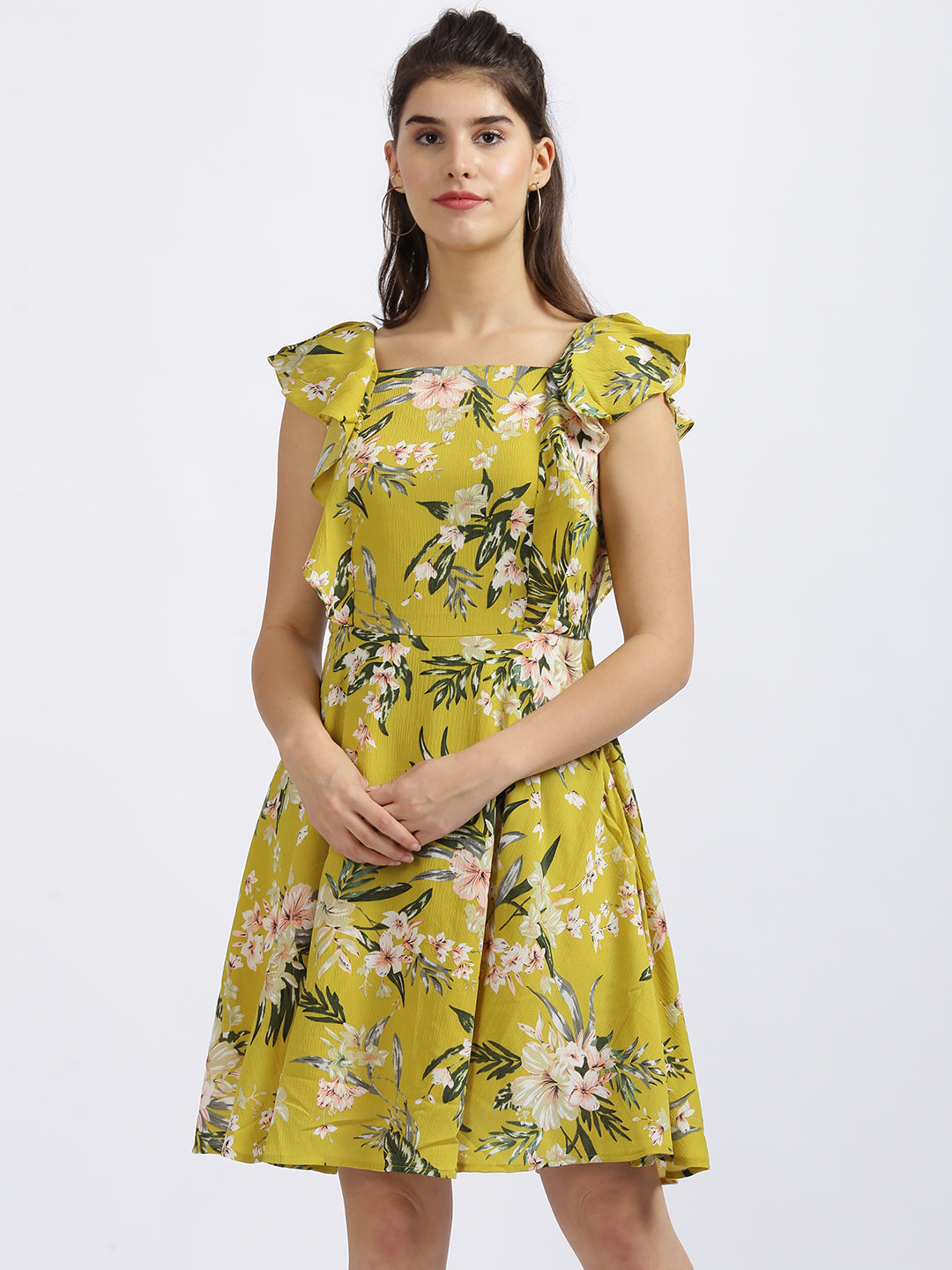 Yellow Floral Print Fit & Flare Dress