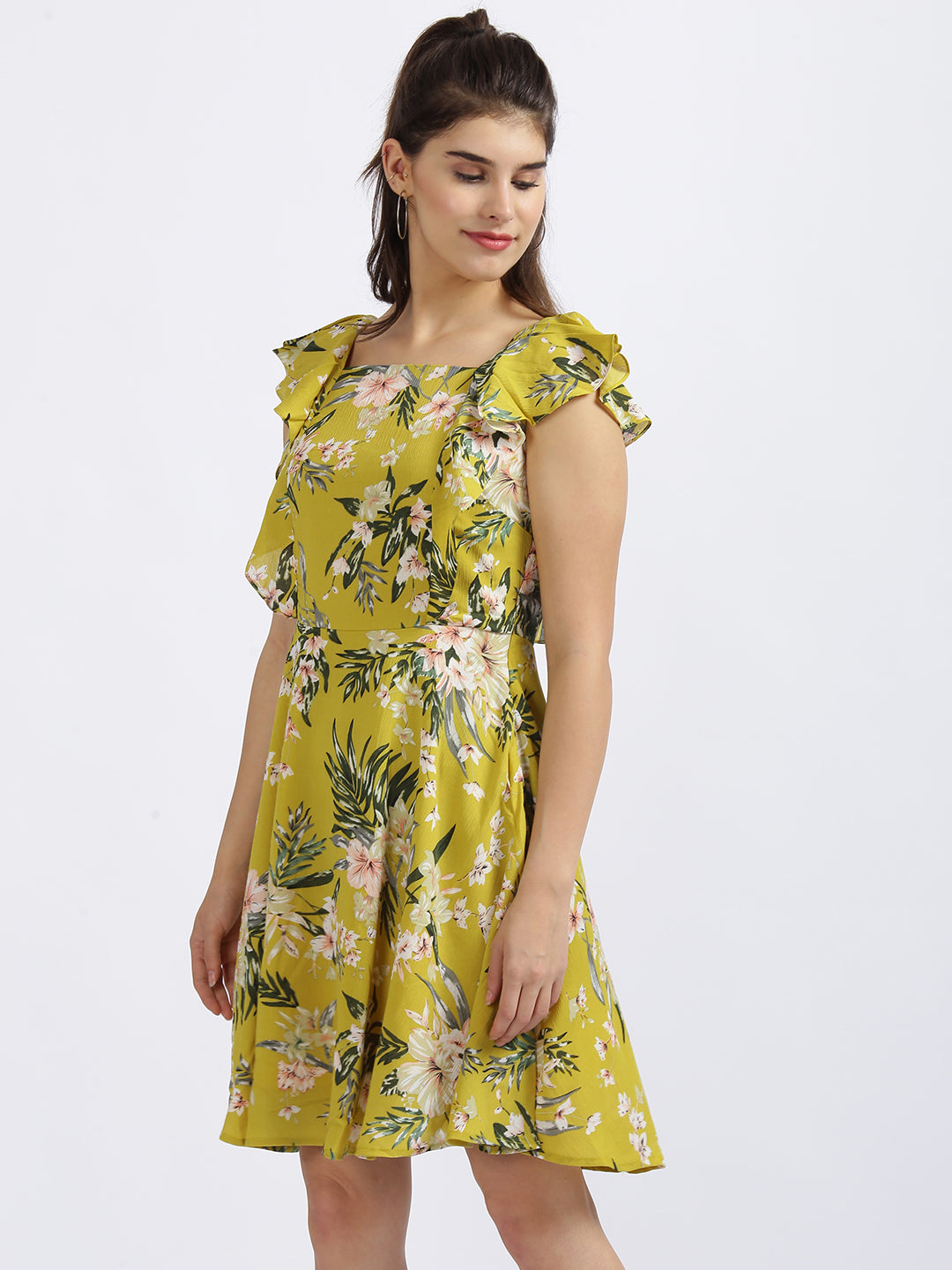 Yellow Floral Print Fit & Flare Dress