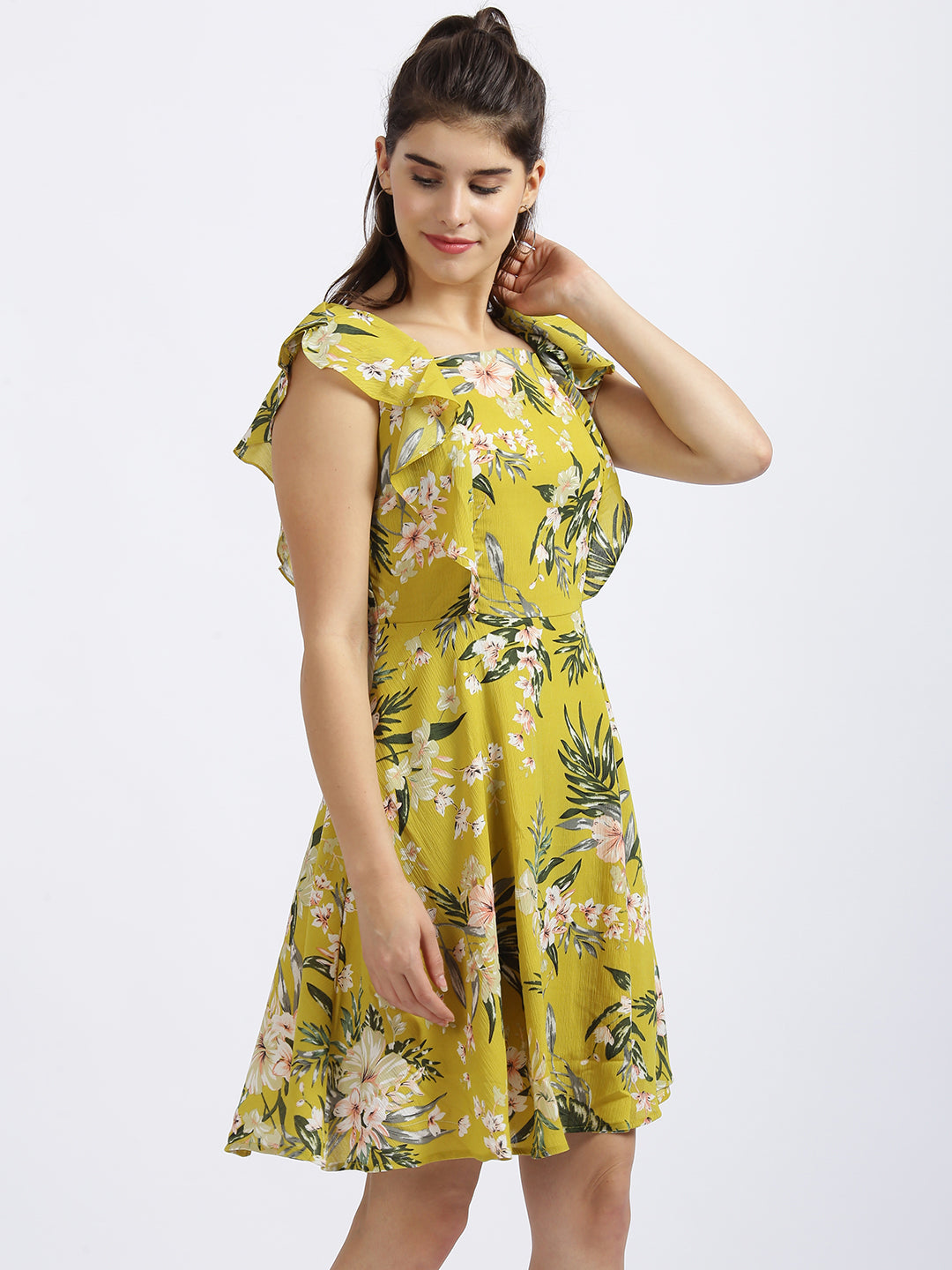 Yellow Floral Print Fit & Flare Dress