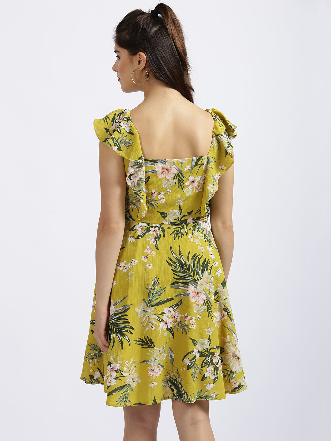 Yellow Floral Print Fit & Flare Dress