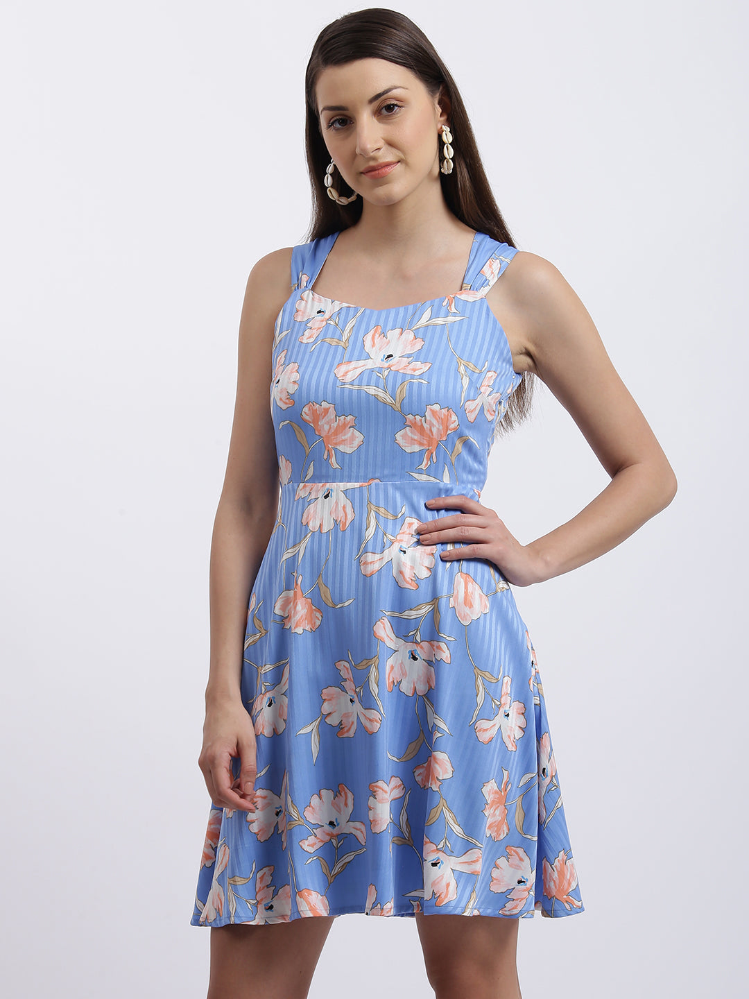 Blue Floral Print Fit & Flare Dress