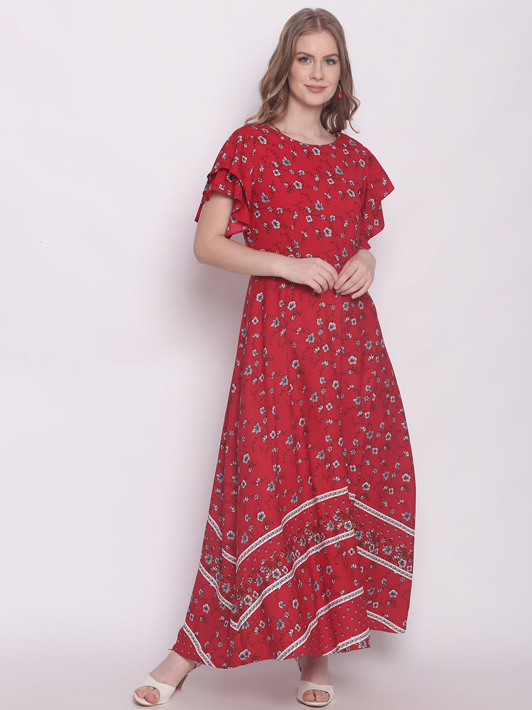 Red Floral Print A-Line Maxi Dress