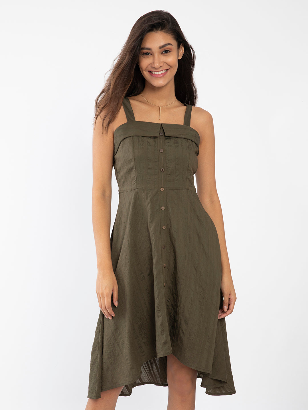 Green Solid Strappy Midi Dress