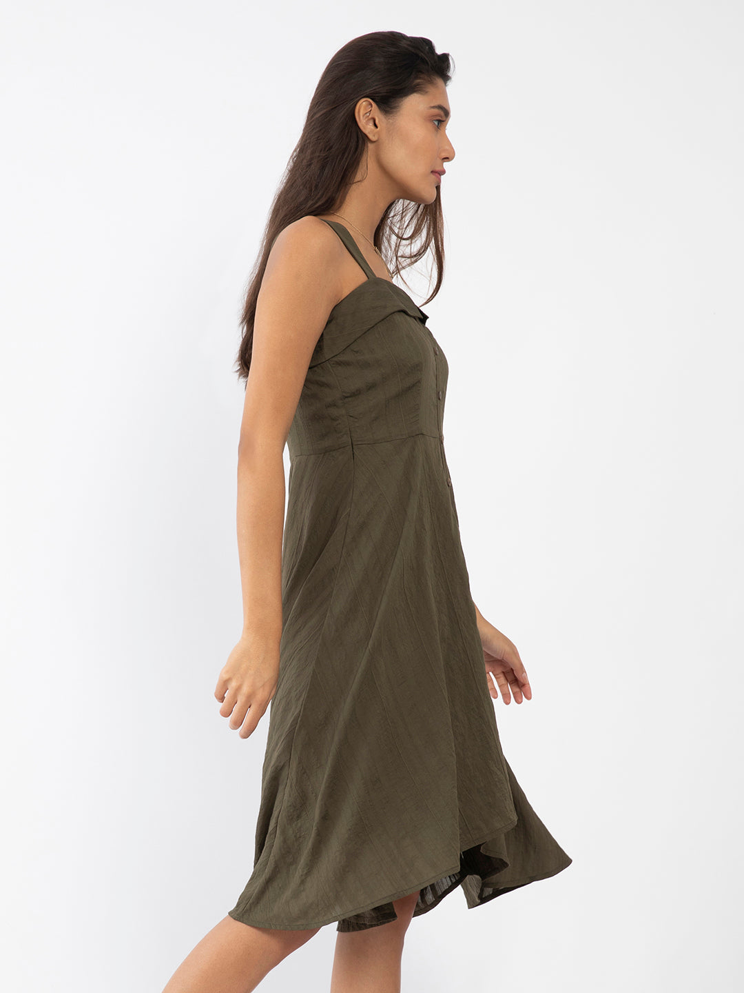 Green Solid Strappy Midi Dress