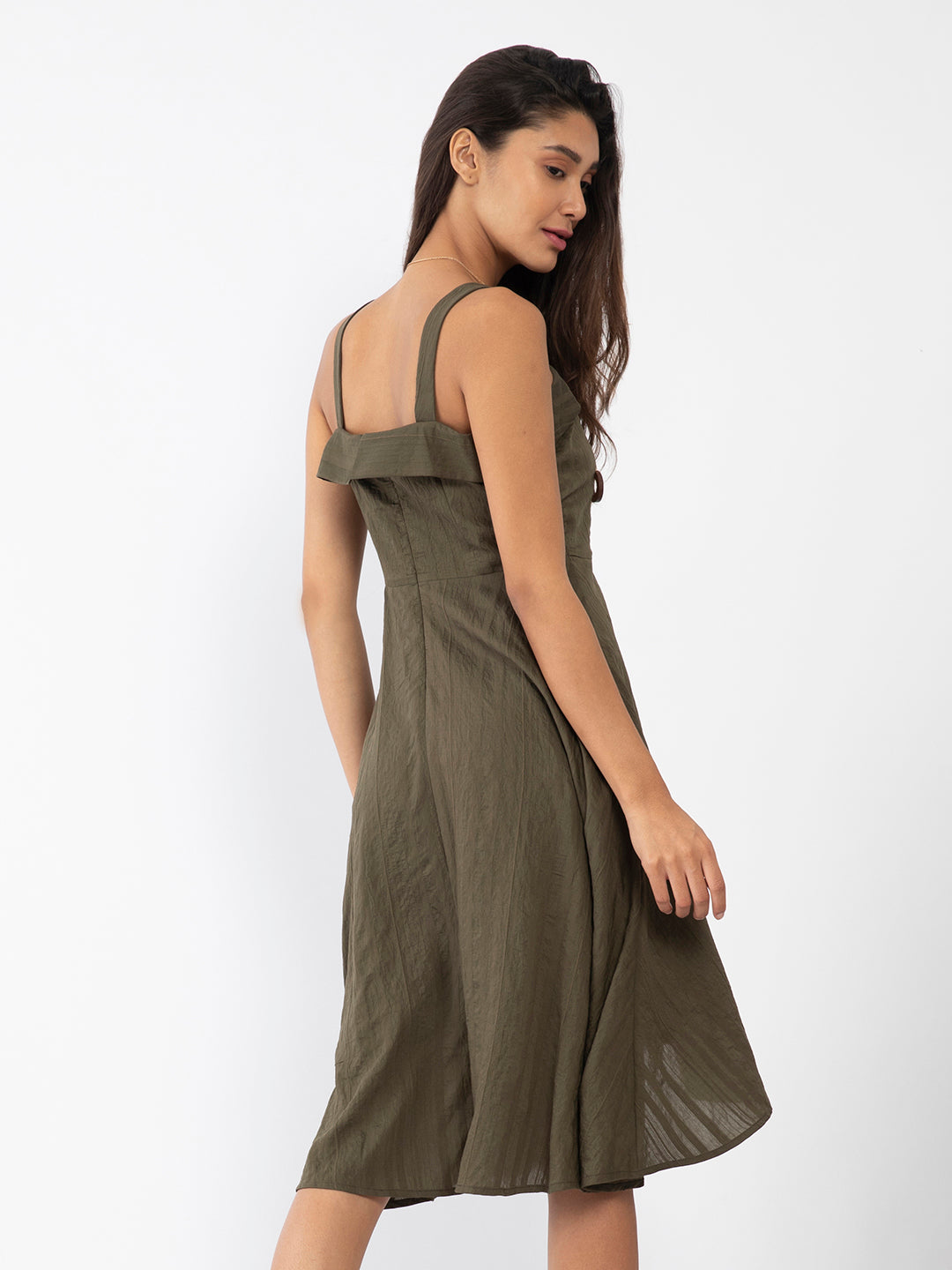 Green Solid Strappy Midi Dress