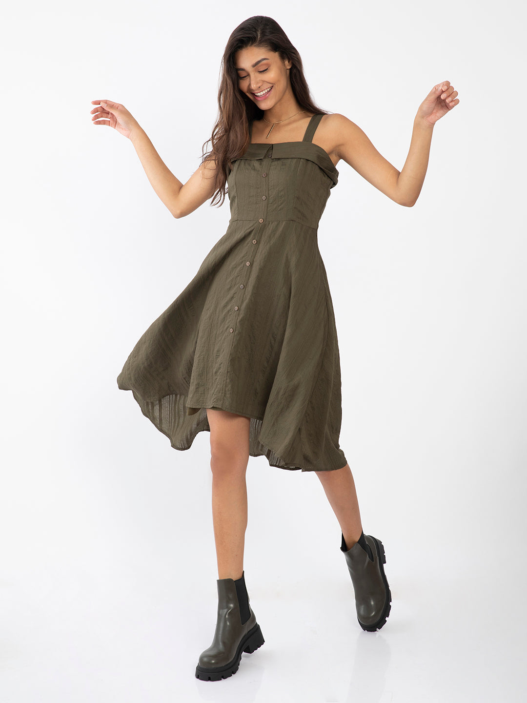 Green Solid Strappy Midi Dress