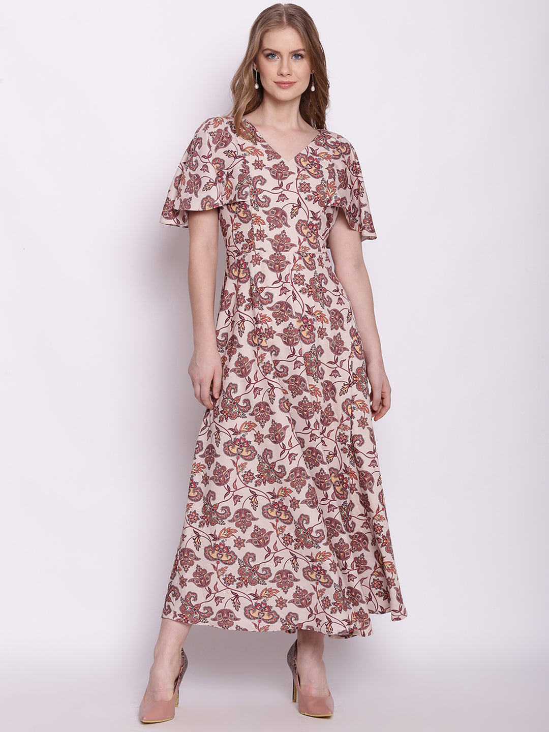Beige Floral Print Fit & Flare Maxi Dress