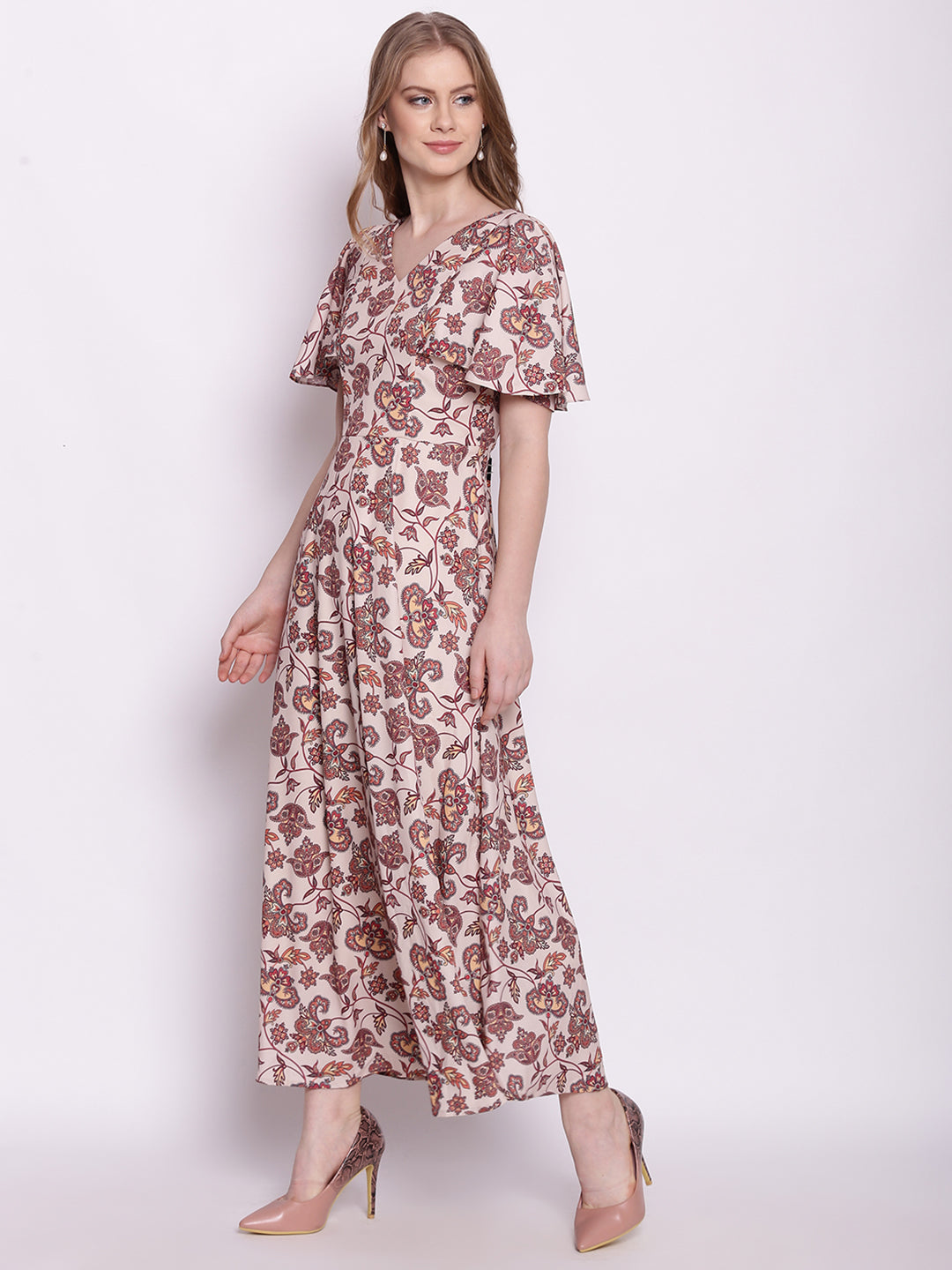 Beige Floral Print Fit & Flare Maxi Dress
