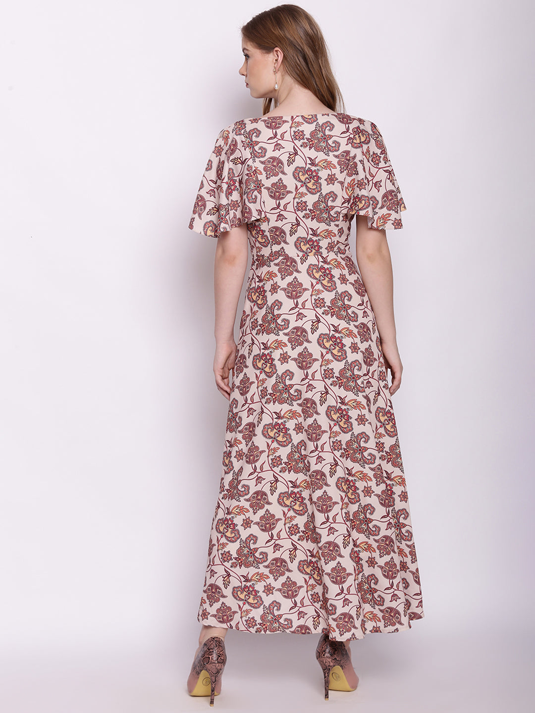 Beige Floral Print Fit & Flare Maxi Dress