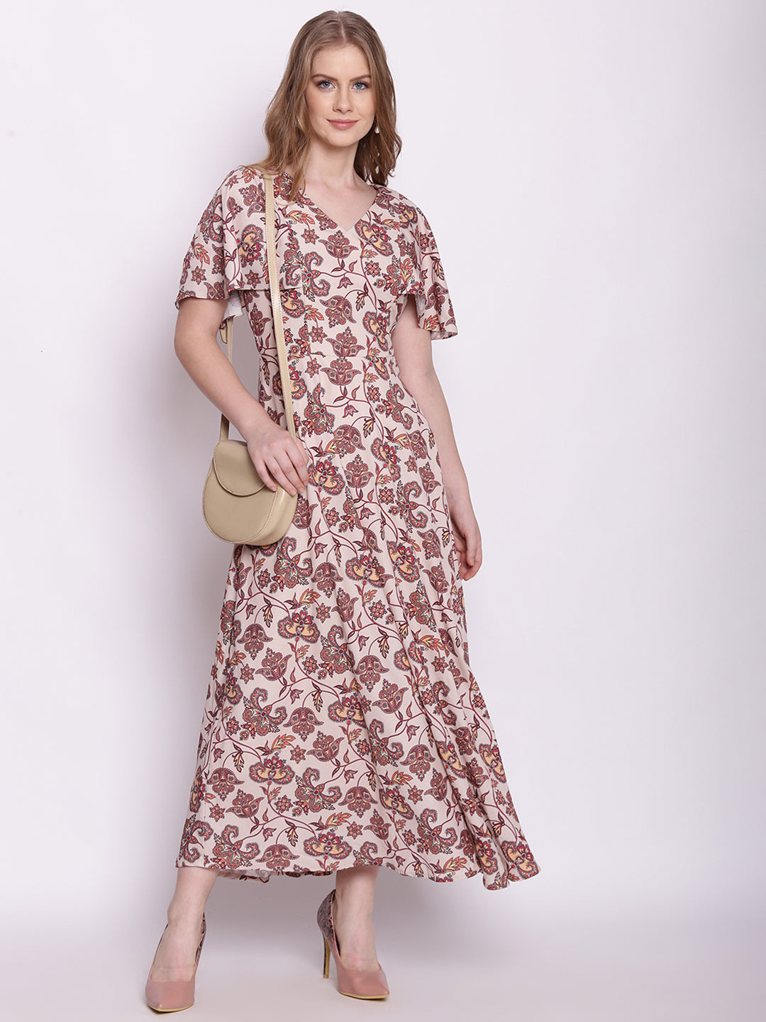 Beige Floral Print Fit & Flare Maxi Dress