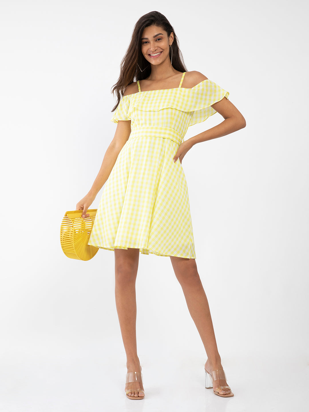 Yellow Checked Ruffled Short Dress