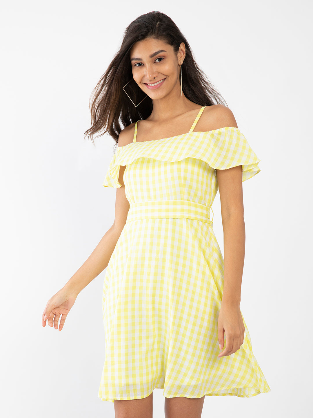 Yellow Checked Ruffled Short Dress