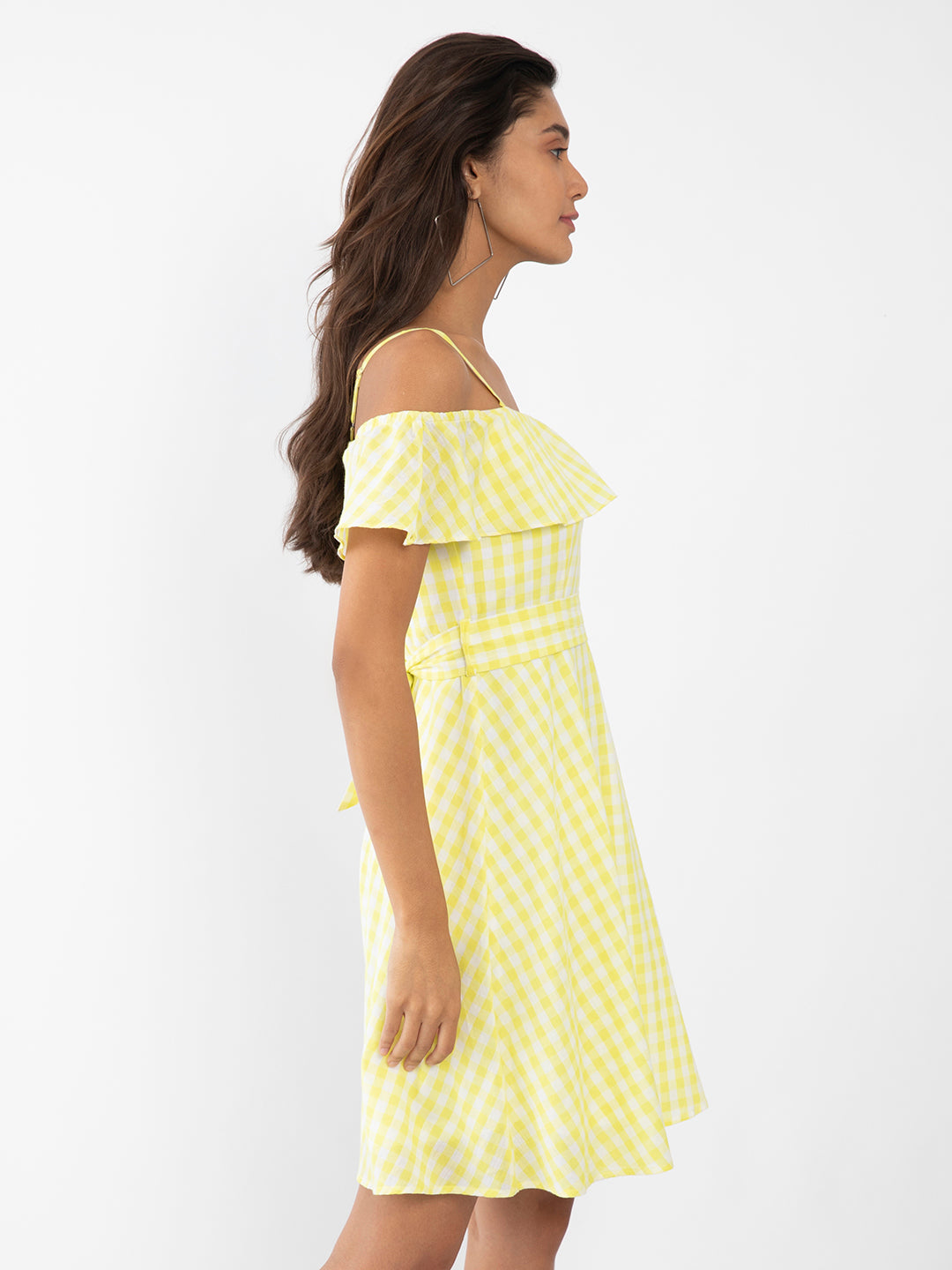 Yellow Checked Ruffled Short Dress