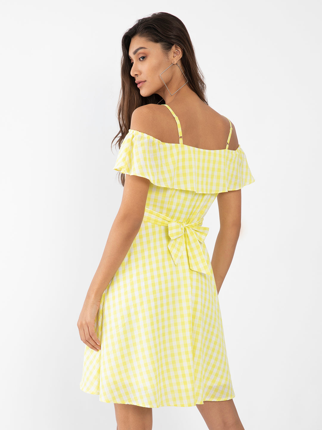 Yellow Checked Ruffled Short Dress