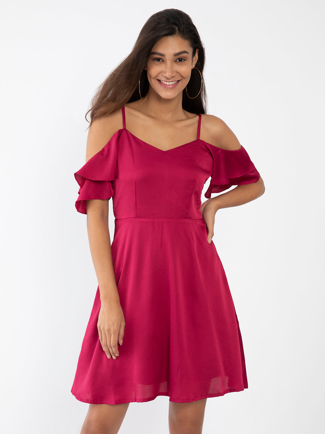 Maroon Solid Fit & Flare Short Dress