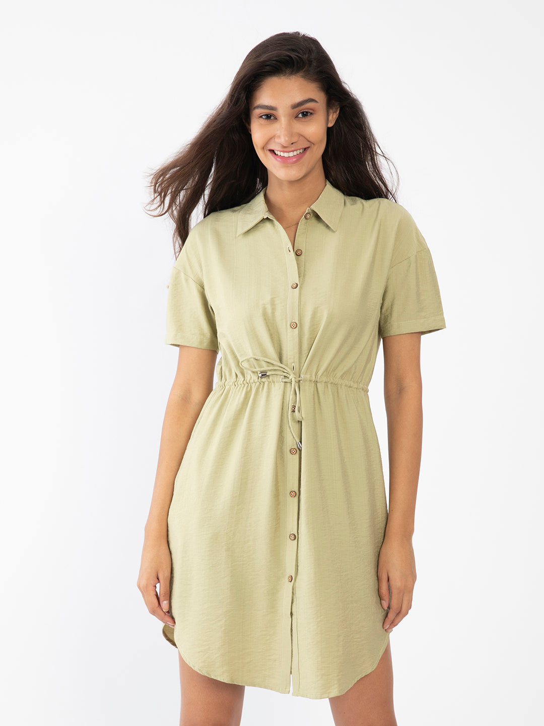 Green Solid Shirt Dress