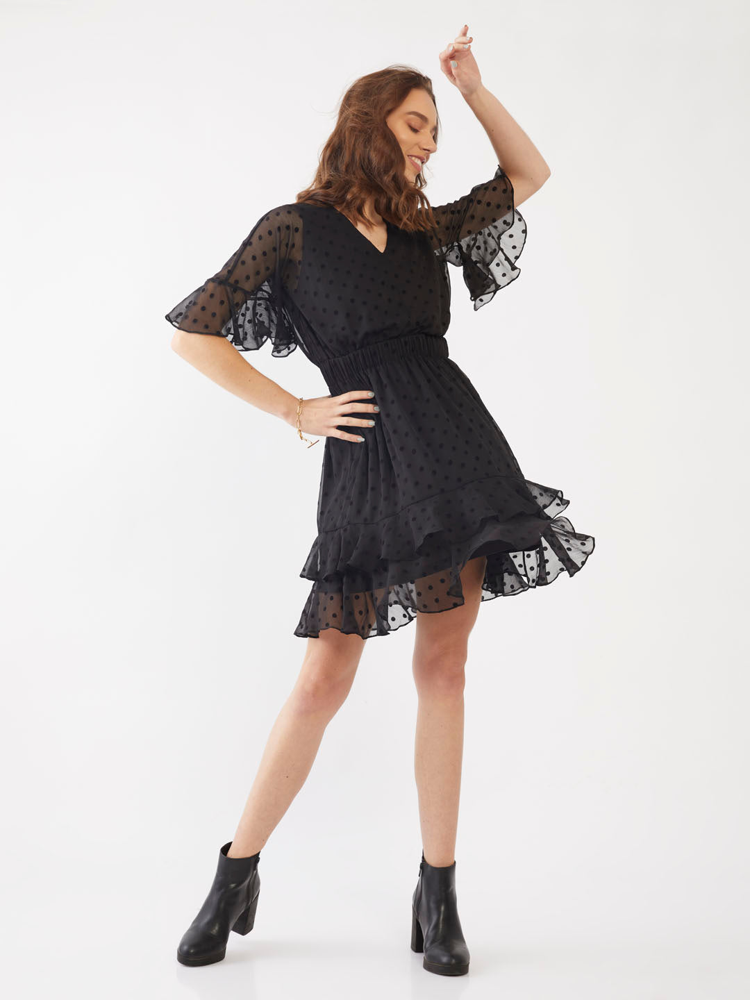 Black Polka Tiered Short Dress For Women