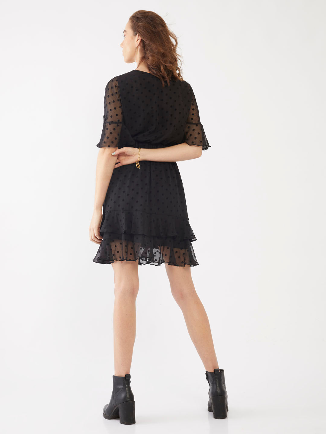 Black Polka Tiered Short Dress For Women