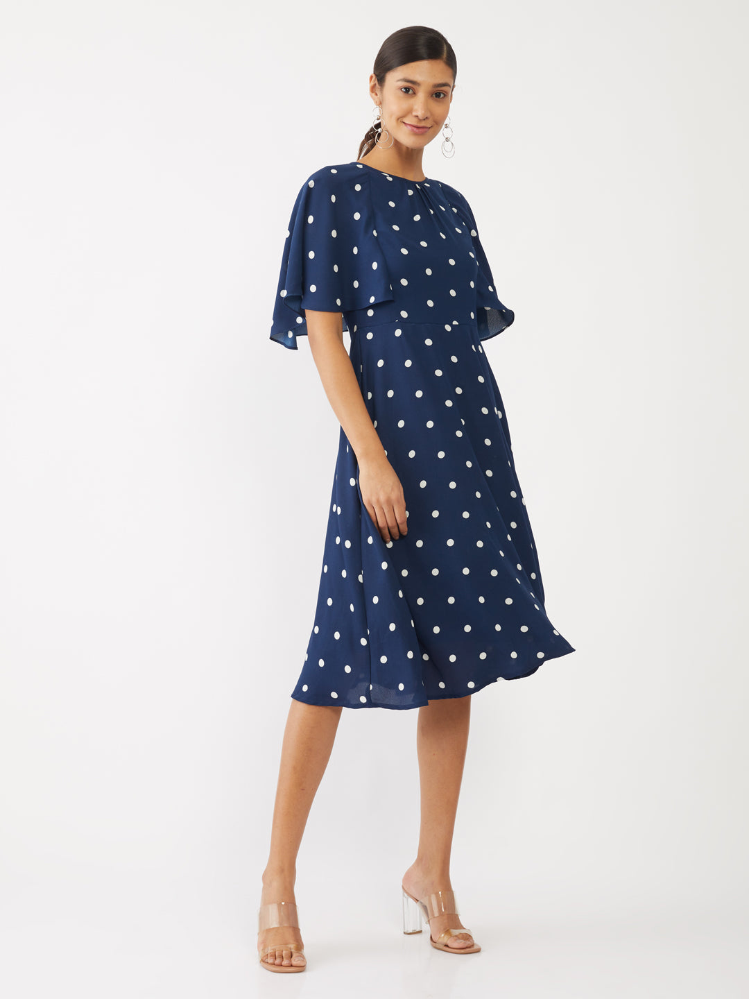 Blue Printed Flared Sleeve Midi Dress