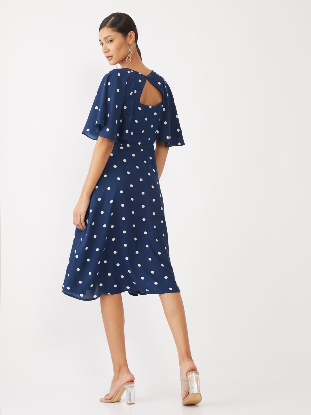Blue Printed Flared Sleeve Midi Dress