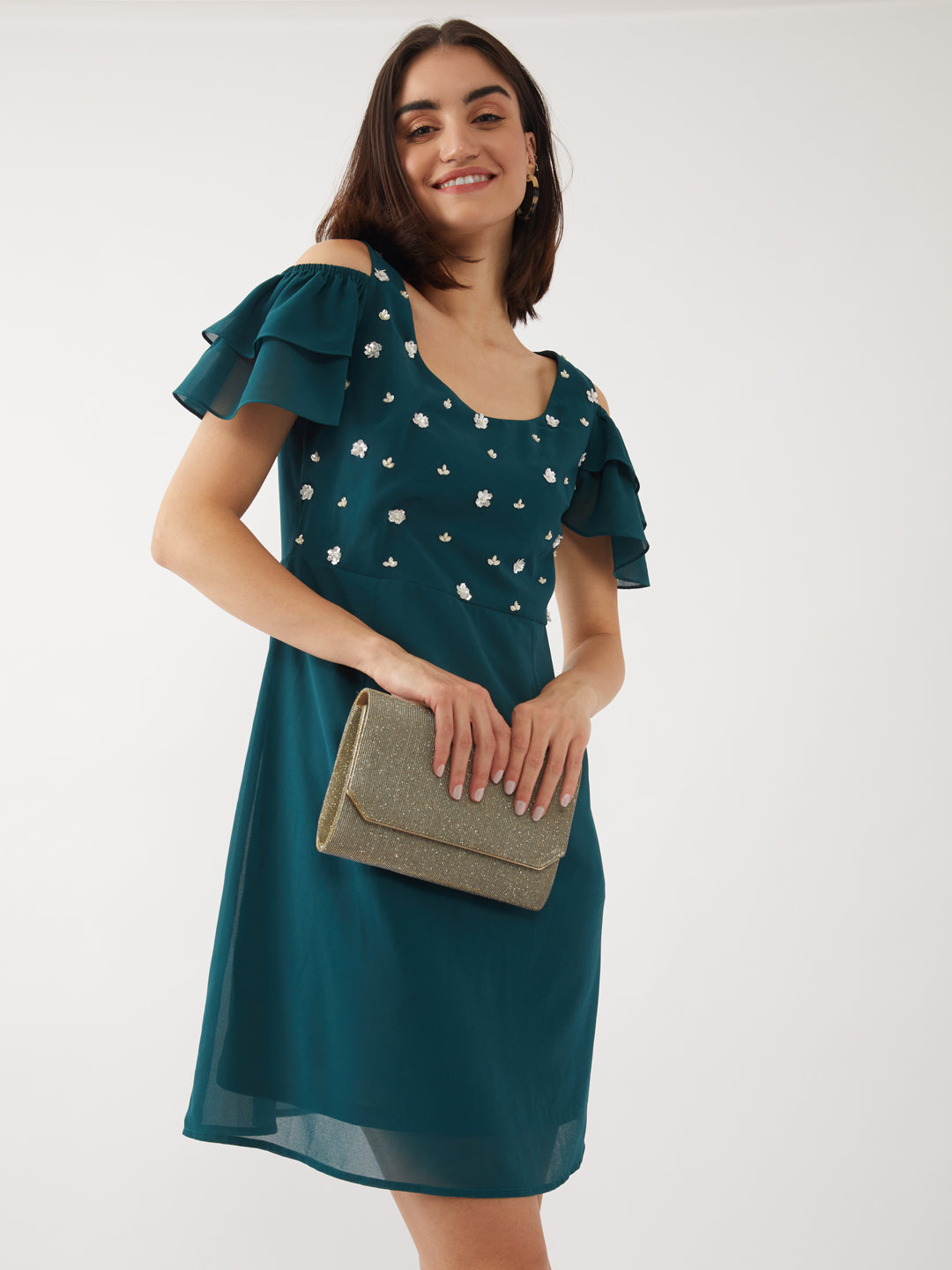 Teal Embellished Flared Sleeve Short Dress