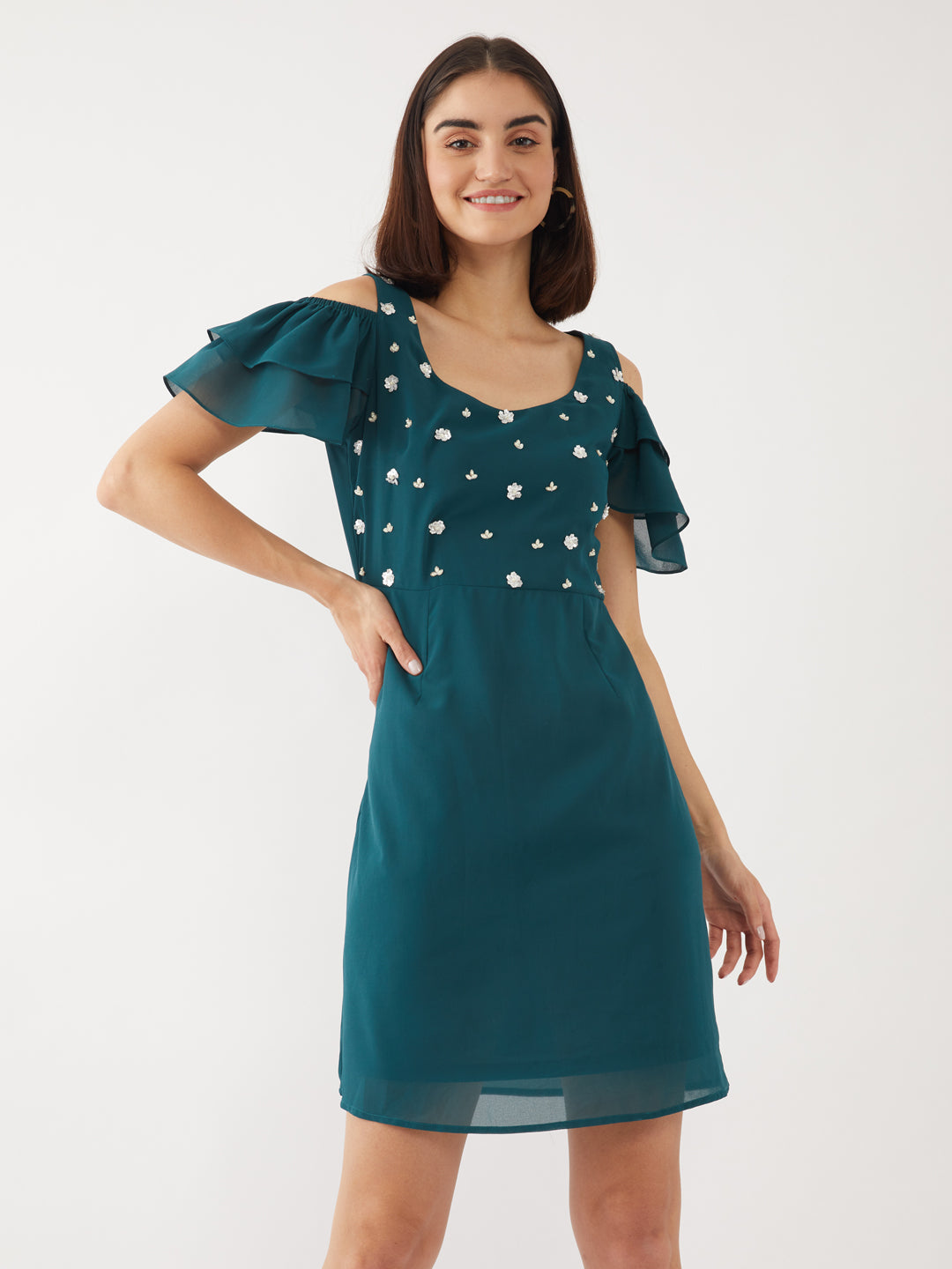 Teal Embellished Flared Sleeve Short Dress