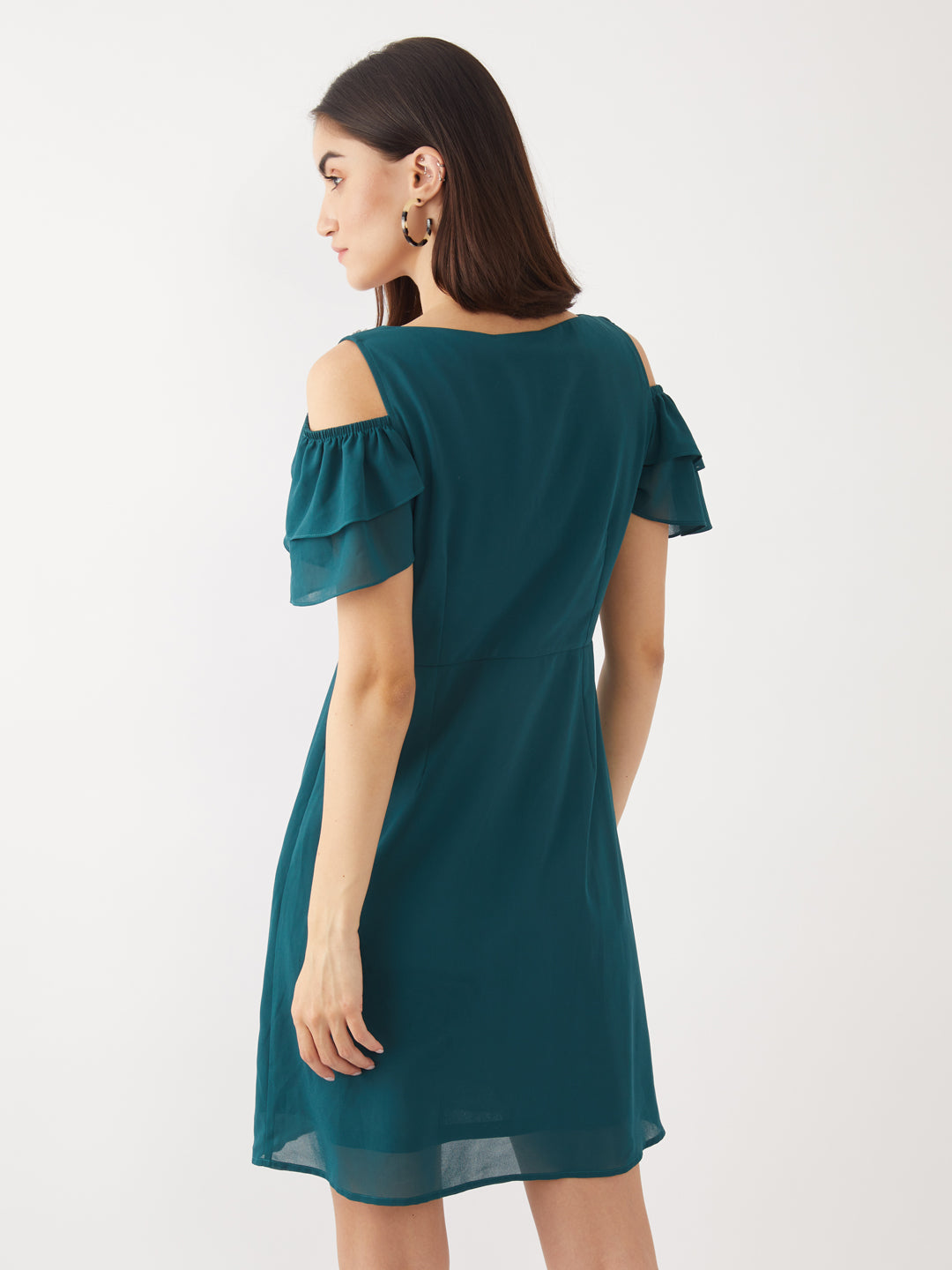 Teal Embellished Flared Sleeve Short Dress