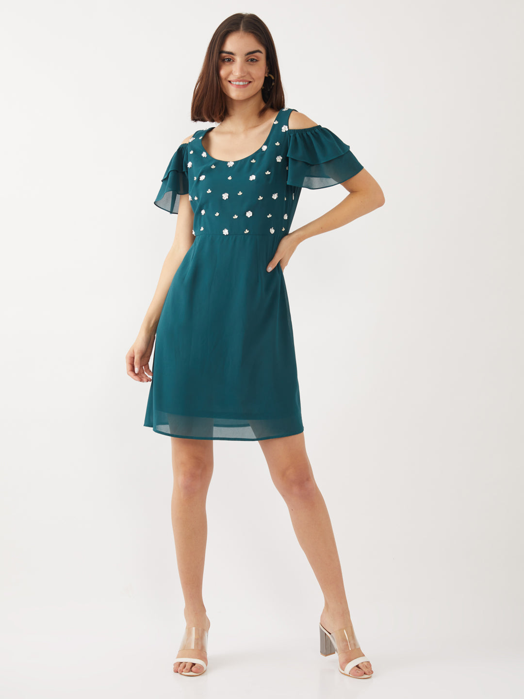 Teal Embellished Flared Sleeve Short Dress